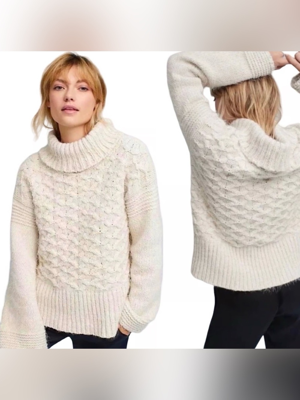 Anthropologie Sleeping On Snow Chunky Lattice Knit Cowl Sweater Ivory Small - Picture 3 of 9